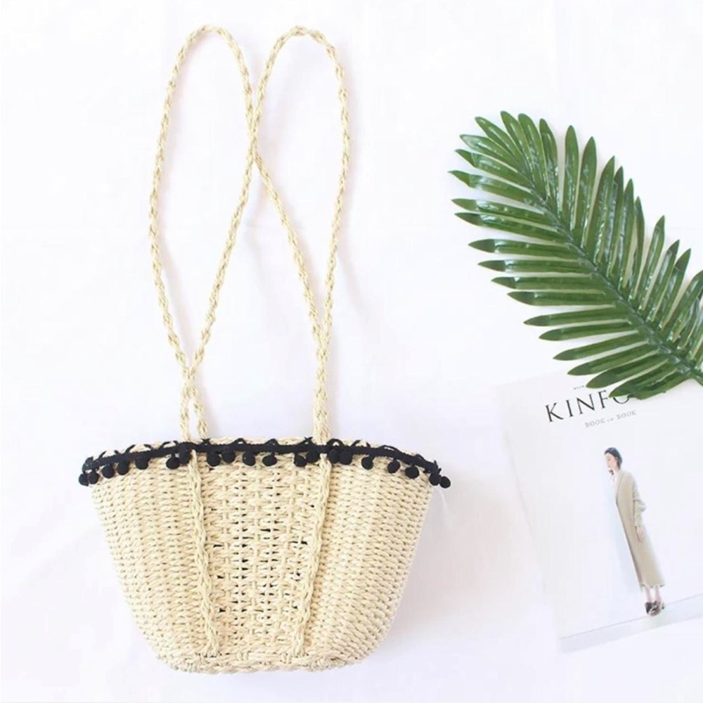 Summer Straw Weave Cross Body Black Shoulder Handbag